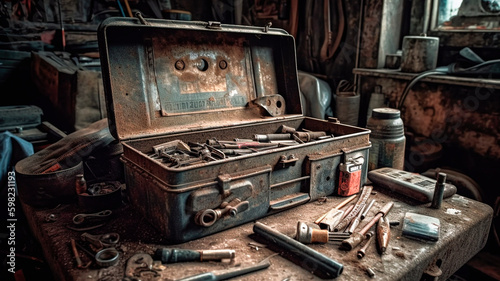 Old toolbox with various tools. Selective focus. Toned. generative ai. photo