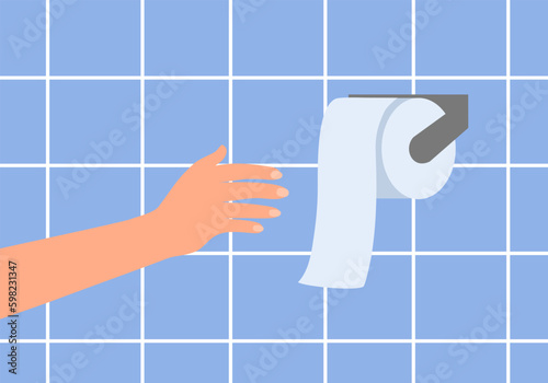 Hand using toilet paper in flat design.