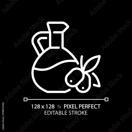 Oil pixel perfect white linear icon for dark theme. Food dressing. Vegetable fat. Healthy cooking. Mediterranean diet. Thin line illustration. Isolated symbol for night mode. Editable stroke