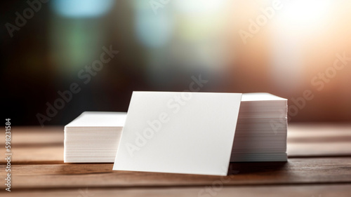 Blank business cards on wooden table with bokeh background. generative ai.