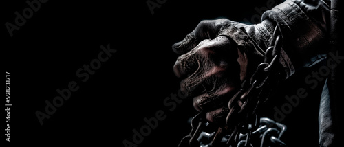 A hand is chained to a chain on black background with copy space. Freedom Symbol.