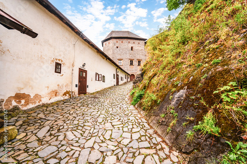 Castle Sovinec, Eulenburg, robust medieval fortress, one of the largest in Moravia, Czech republic. landscape with medieval castle on a rocky hill above a forest valley photo