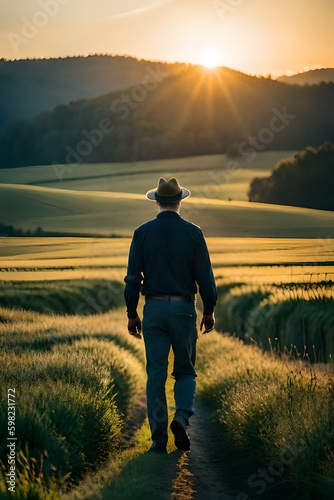 ai-generated illustration of a farmer walking out amongst his crops