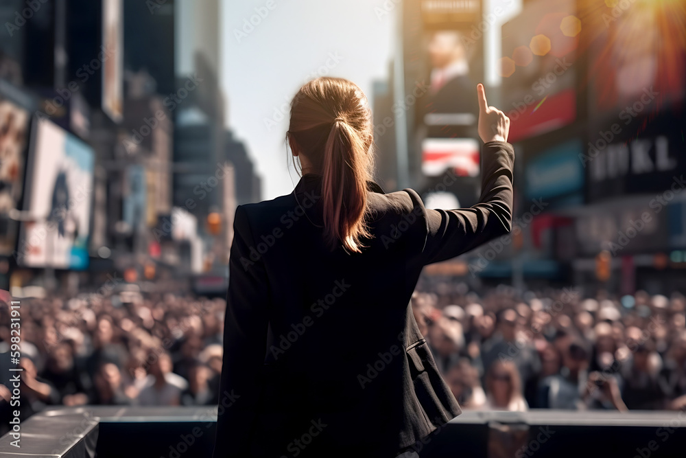 Back view of female politician in black suit standing on stage facing an audience of hundreds, in Times Square. Generative AI - obrazy, fototapety, plakaty 