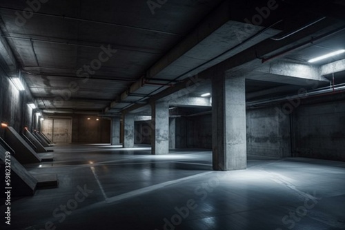 Underground warehouse vibe with sloping concrete walls and fluorescent lighting. Generative AI © Ulyssa