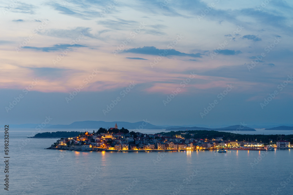 View of the old town of Primošten, Croatia, at dusk