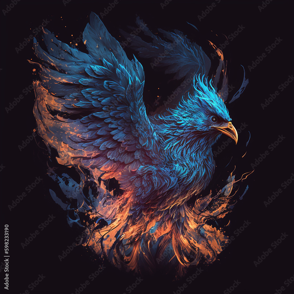 Fototapeta premium phoenix with blue wings emerging from fire , rebirth . Enlightenment and refreshment. Feeling of freedom.