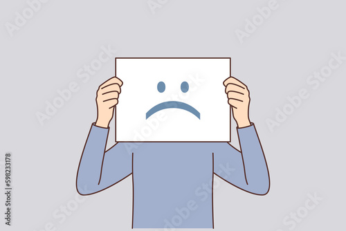 Unhappy emotions on poster hiding man face for concept bad mental state of company employees Generative AI