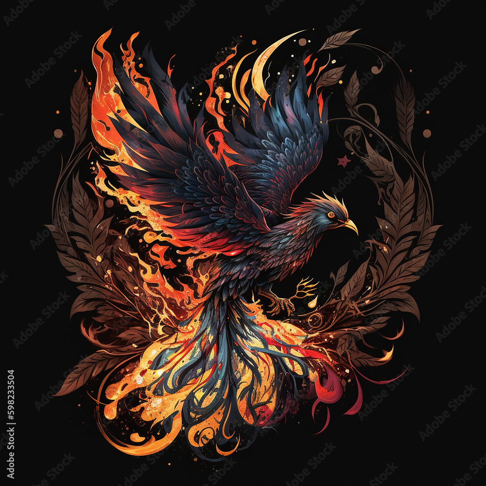 Obraz premium phoenix with blue wings emerging from fire , rebirth . Enlightenment and refreshment. Feeling of freedom. 