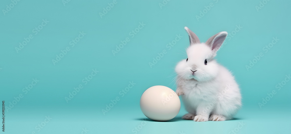 Cute bunny and single easter egg. Concept of happy easter day. Cute bunny and single easter egg. Concept of happy easter day.