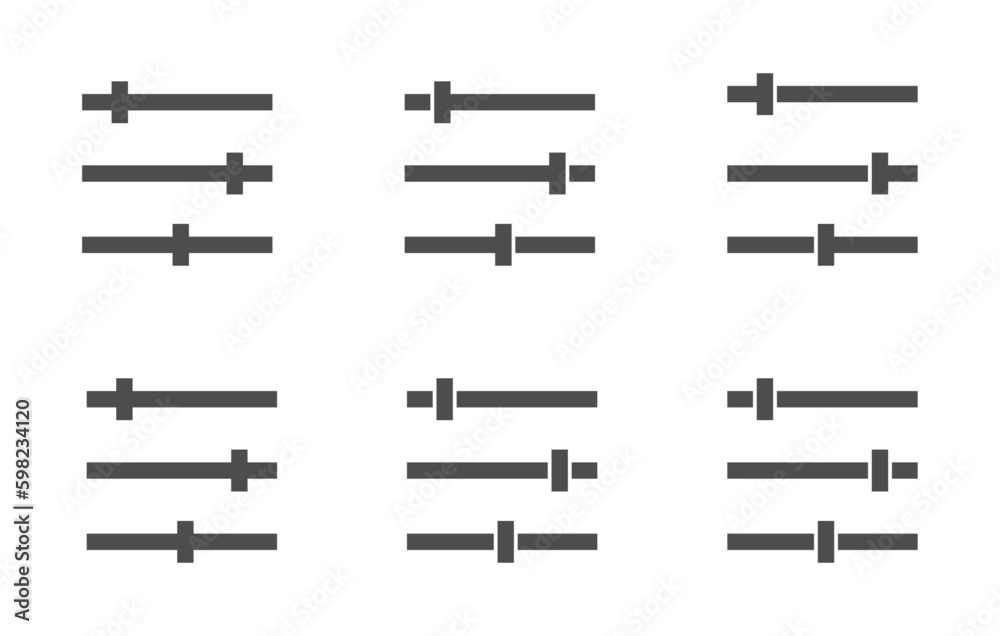  Filter and sort flat vector icons set. Options, settings, adjustment vector icons set