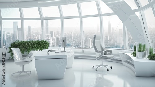 A futuristic office  grey and white  sleek white desk  a potted green plant in the corner  big glass windows on a high floor