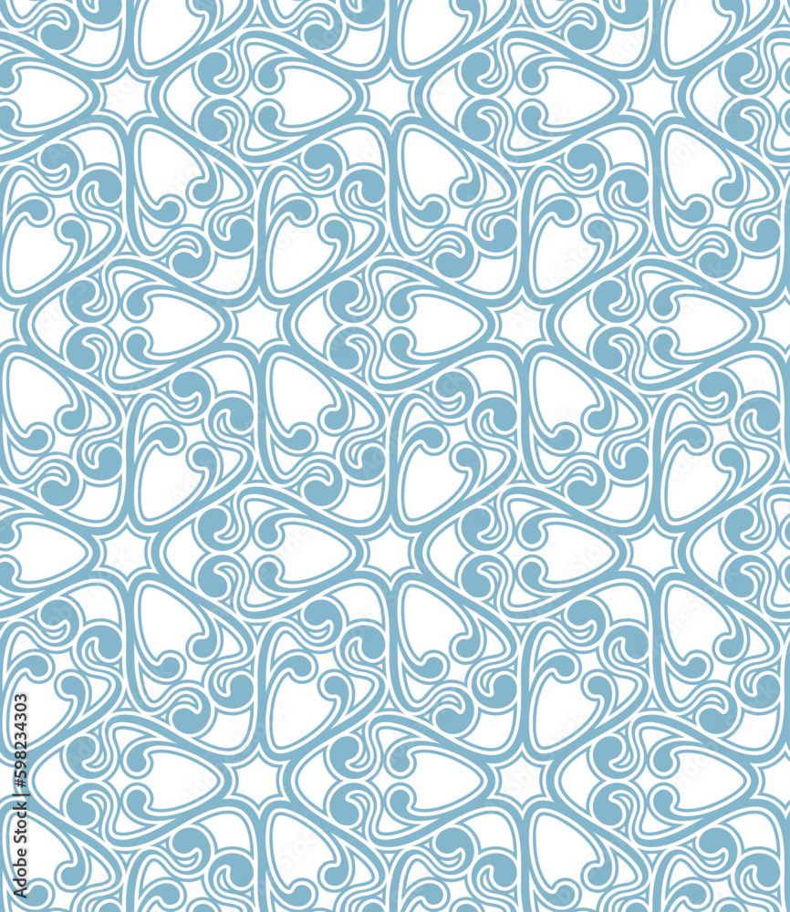 Seamless abstract geometric pattern with wavy blue lines and swirls on a white background. Art nouveau retro floral style. Ornamental grid. Vector illustration for textile, wrapping, print,  and web.