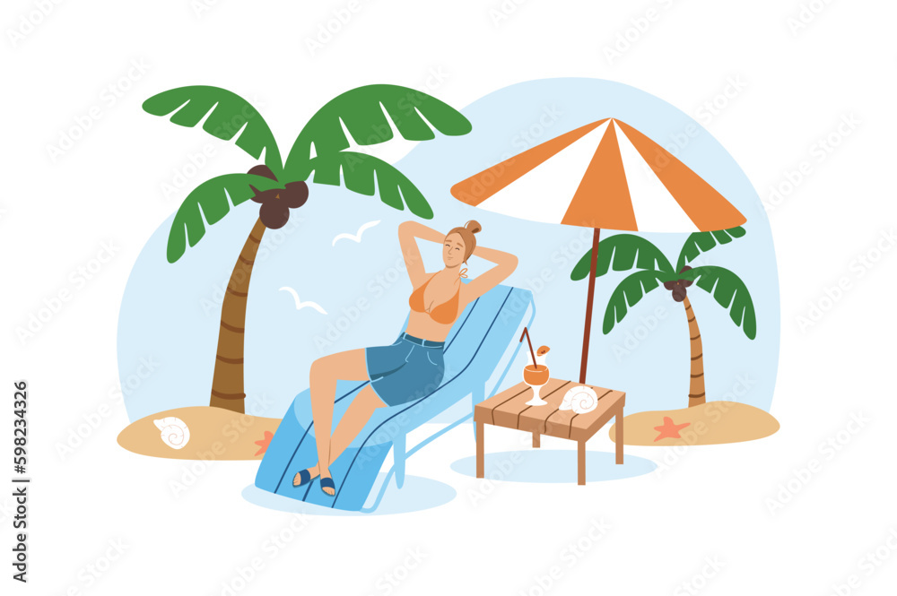 Blue concept Travel with people scene in the flat cartoon design. Girl is relaxing on the beach with a cocktail. Vector illustration.