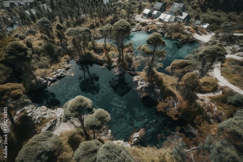 Bird's eye view of Fanal in Madeira, featuring a pine-fringed lagoon. Generative AI