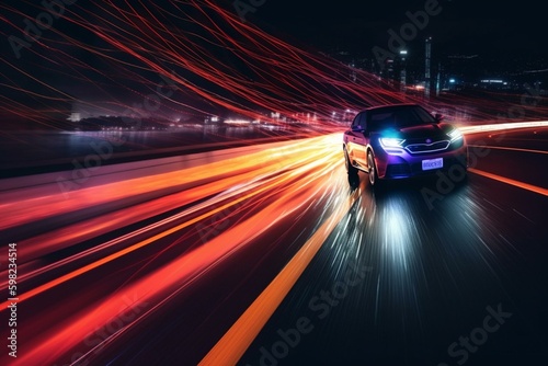 Colorful light trails illuminate car speeding down highway at night. Generative AI