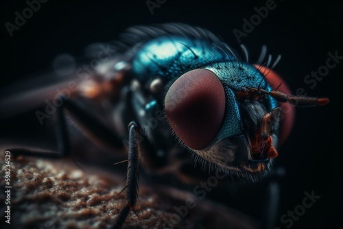 Close-up of a blue fly with red eyes. Generative AI © Xanthe