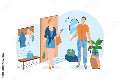 Blue concept Travel with people scene in the flat cartoon design. Young couple is going to leave the apartment before a big journey. Vector illustration.