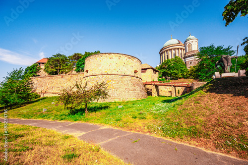 Historic town from the Esztergom basilica in Hungary. The Danube river and the border bridge to the town of Sturovo in Slovakia. Esztergom castle photo