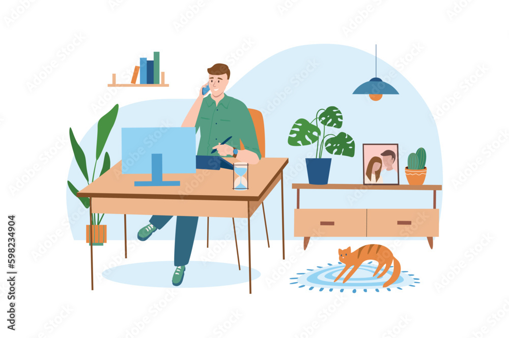 Workplace blue concept with people scene in the flat cartoon design. Man solves important business issues at home. Vector illustration. Workplace blue concept with people scene in the flat cartoon design. Man solves important business issues at home. Vector illustration.