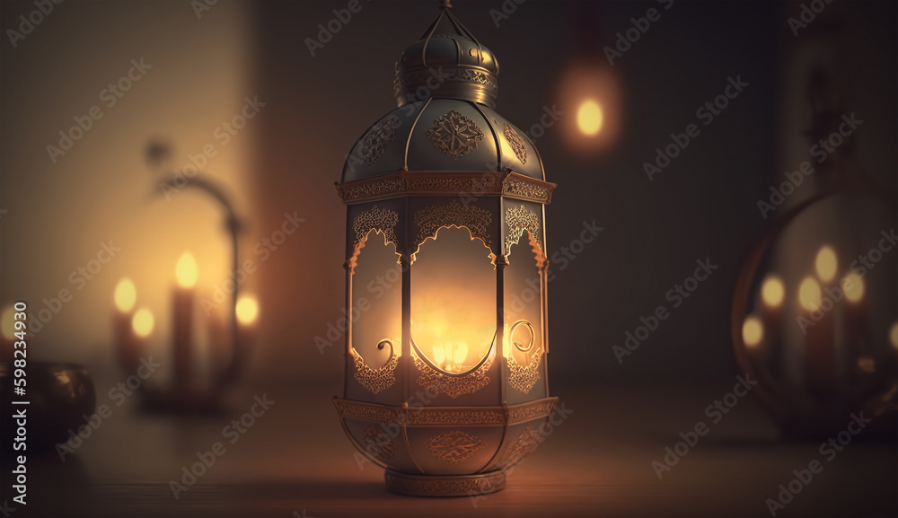Traditional Arab holiday of Ramadan Kareem. Muslim holy month. Golden Arab lantern with burning candle and star on dark night background. Generative AI.