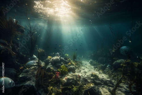 An underwater scene polluted with plastic trash and debris  highlighting environmental issues and the need for recycling. Generative AI