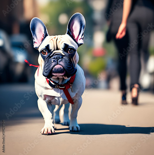 Alone french white bulldog on the streets of a city. People on the background. Take the dog for a walk. Created with generative IA Technology. (ID: 598235341)