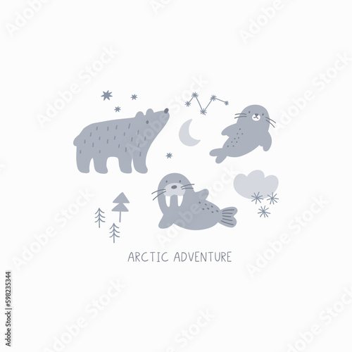 Cute cartoon arctic animais in doodle style. Arctic adventure vector print with bear, seal, walrus, stars, moon 