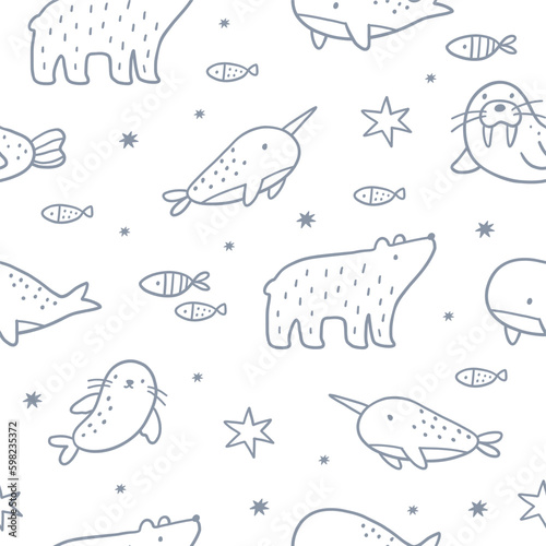 Cute cartoon arctic animais in doodle style. Arctic adventure vector seamless pattern with bear, seal, whale, walrus, stars, tree, ocean