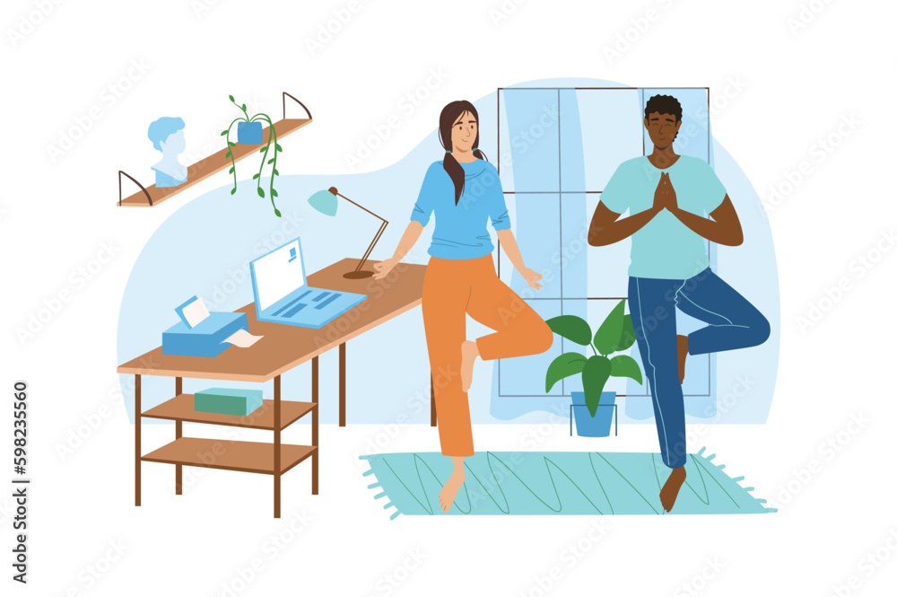 Workplace blue concept with people scene in the flat cartoon design. Woman show to her boss how to do yoga exercises for relaxing. Vector illustration.