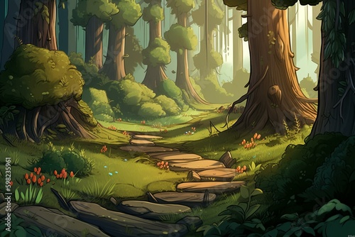 Illustration of a forest in cartoon style for kids. Generative AI