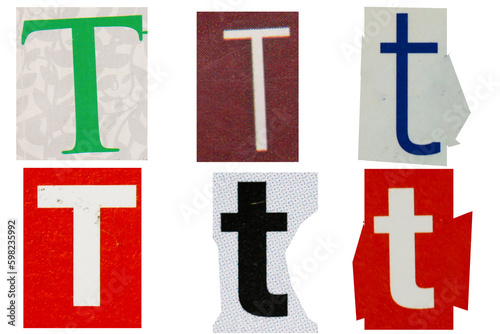 Letter font t from printout magazine cut out, collage element.
