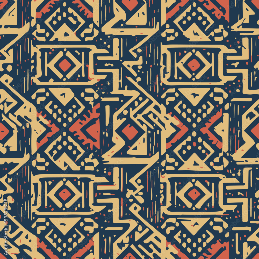 Seamless vector pattern. Abstract geometric red and yellow elements on a blue background. Traditional ethnic style. Surface design. Decorative graphic texture. Seamless vector pattern. Abstract geometric red and yellow elements on a blue background. Traditional ethnic style. Surface design. Decorative graphic texture.