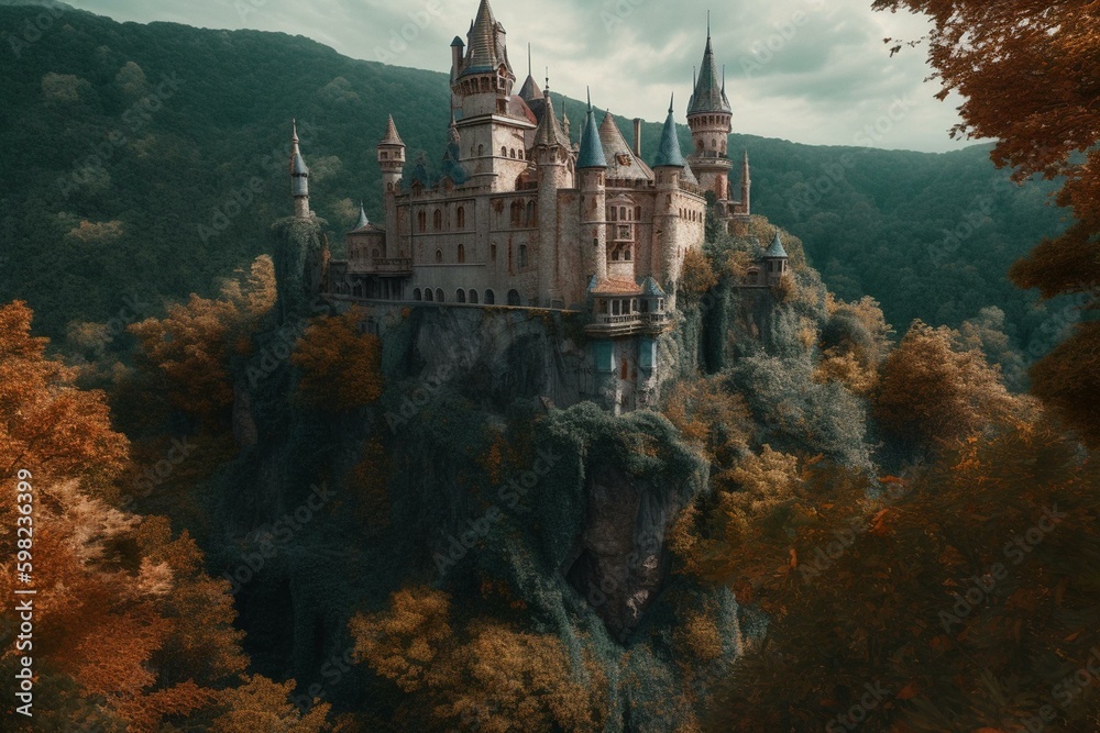 A castle surrounded by dense foliage and a painted landscape, portraying fantasy art. Generative AI