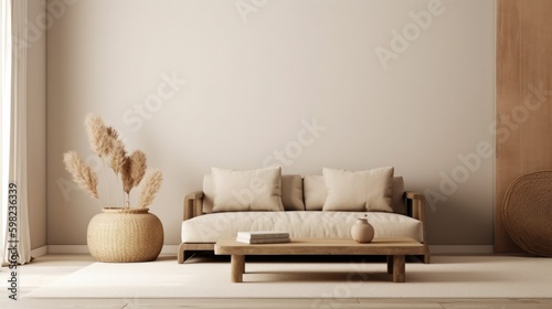 Wabi-Sabi Living Room. Contemporary Interior Design Background. Generative AI. photo