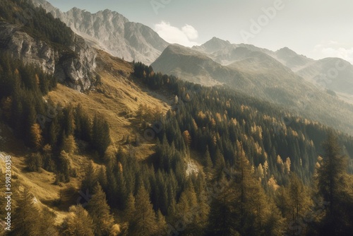 Panoramic view of mountain landscape with evergreen trees and green-yellow tones. Generative AI