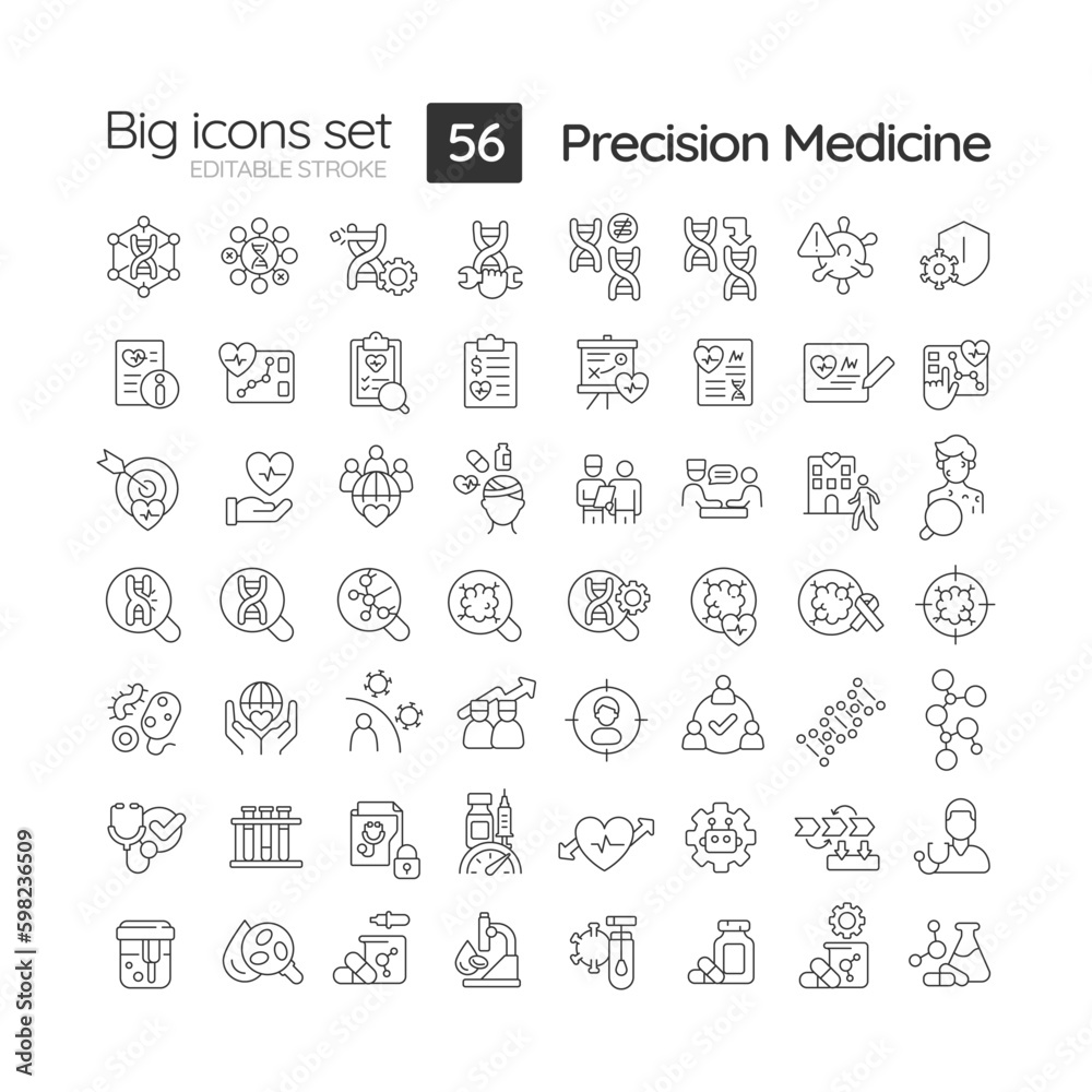 Precision medicine linear icons set. Studying genome to prevent disease. Innovative treatment technology. Customizable thin line symbols. Isolated vector outline illustrations. Editable stroke