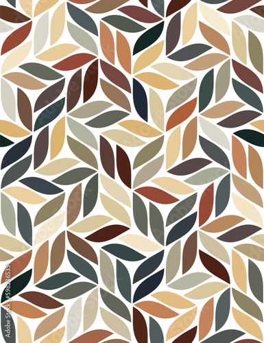 Abstract multicolored autumn foliage. Seamless repeating pattern vector pattern. Geometric red, green, and yellow leaves on a white background. Graphic textile texture. Ornamental vector illustration.