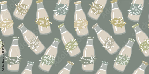 A pattern of glass bottles with vegetable milk labels. Coconut, almonds, soy, walnut, rice, oatmeal, etc. Vector background for printing on textiles and paper. Business, Marketing, Vegetarian