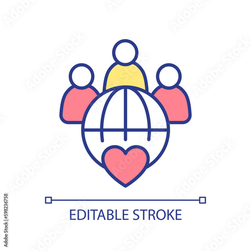 International charity organization RGB color icon. Cooperation for world peace. Worldwide volunteering program. Isolated vector illustration. Simple filled line drawing. Editable stroke