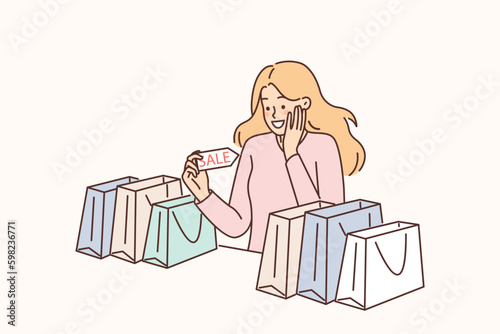 Woman with bags from fashion store rejoices at opportunity of shopping with good discounts Generative AI
