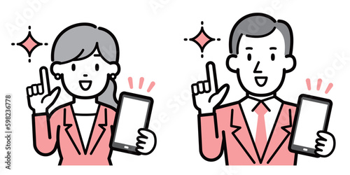 スマートフォンを持つビジネスパーソン男女のイラスト