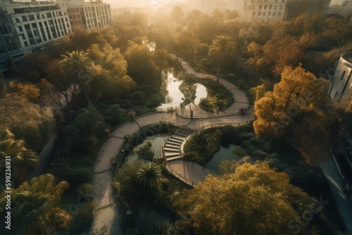 Bird's eye view sunrise over Turia Gardens, a converted riverbed park in Valencia, Spain. Generative AI photo