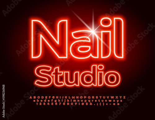 Vector glowing Emblem Nail Studio. Red Neon Font. Bright Electric Alphabet Letters and Numbers. 