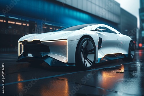 Sleek white and blue electric car with futuristic design. Generative AI © Wren