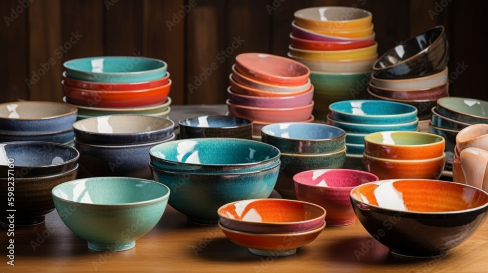 Ceramic kitchen cups and plates and bowls. generative AI Ceramic kitchen cups and plates and bowls. generative AI