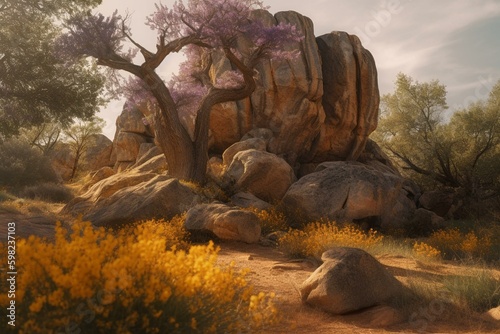 Lavender and golden blooms, tree foreground, with a large rock formation and boulder in the back. Generative AI