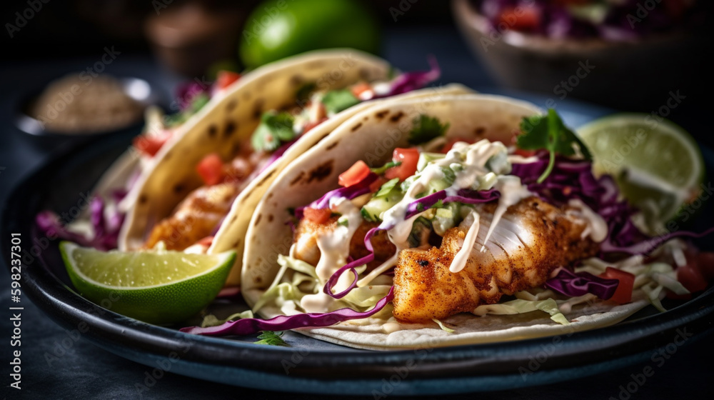 Close up of fresh fish tacos with coleslaw, avocado, salsa in a flour tortilla. generative AI