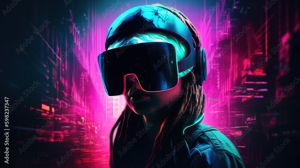 Metaverse and virtual reality network concept. Using VR headset on city background, double exposure. generative ai Metaverse and virtual reality network concept. Using VR headset on city background, double exposure. generative ai