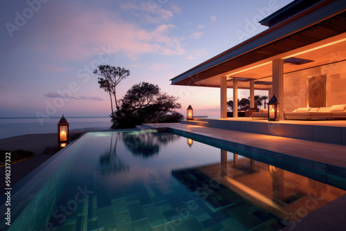 Tropical Home Island Villa House With Modern Infinity Swimming Pool At Twilight - Generative AI Image © StockBox